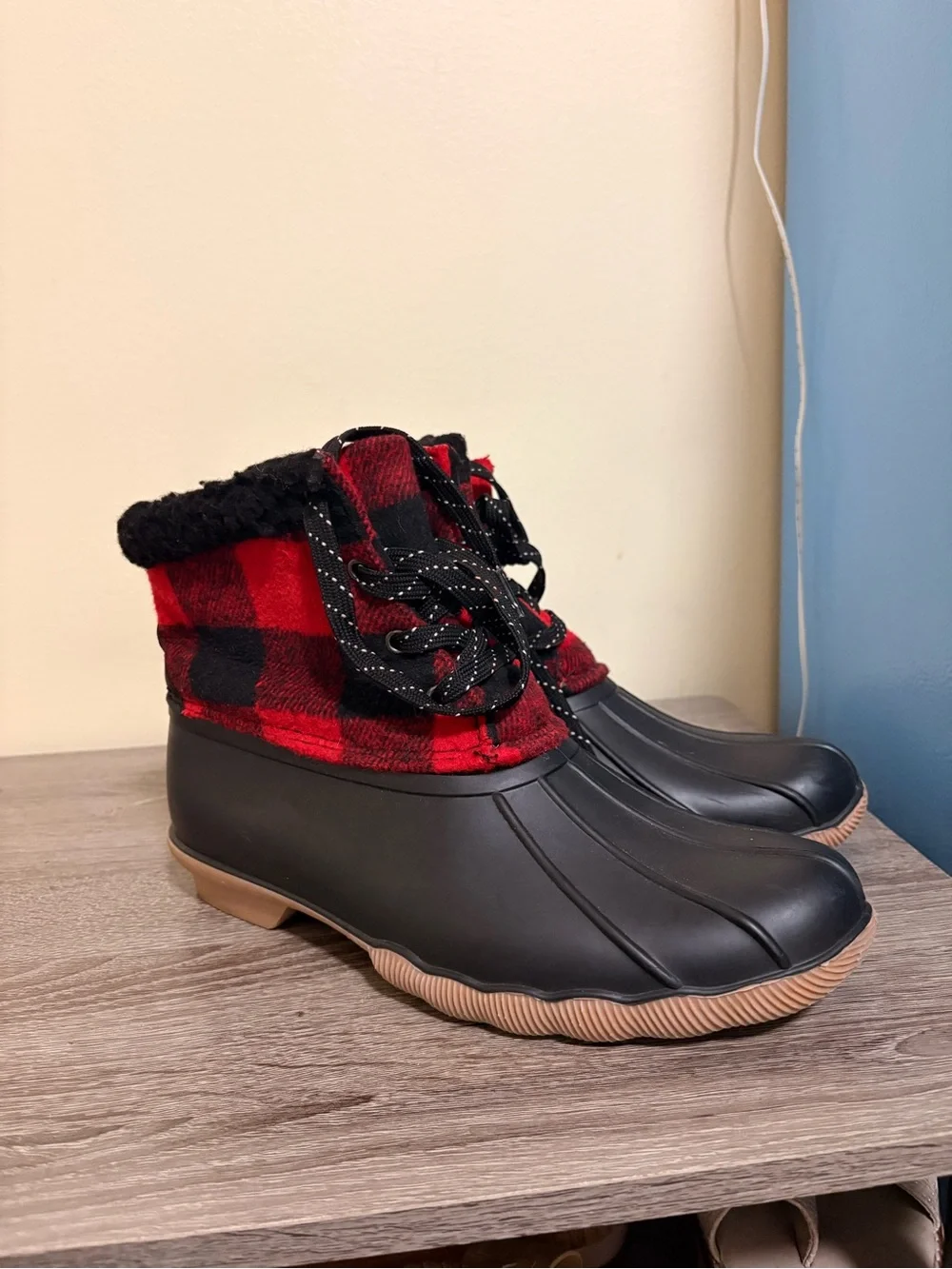 Red Buffalo Plaid Lace-Up Duck Boots with Black Rubber Lower